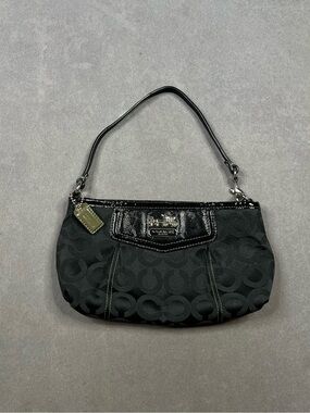Coach Black Mini Signature Jacquard Wristlet with Patent Trim